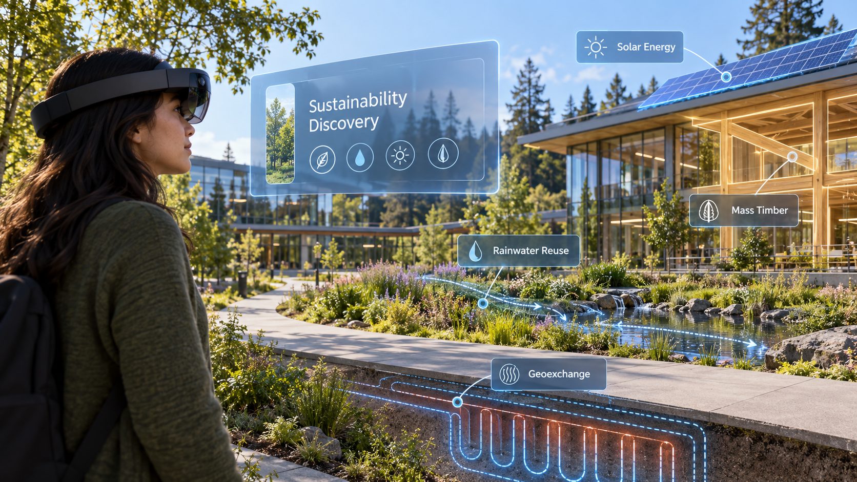 Concept: someone on East Campus wearing a HoloLens, a Sustainability Discovery panel floating ahead, labels pinned to the places around them — Solar Energy on the roof, Mass Timber on the building, Rainwater Reuse along the stream, Geoexchange loops drawn under the path