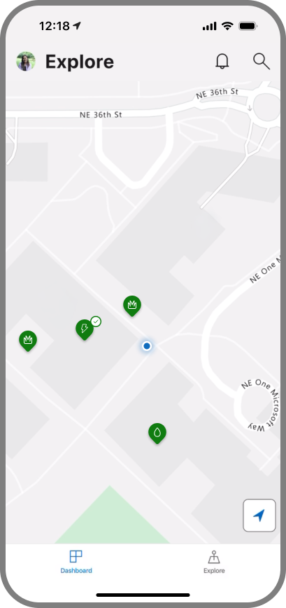 Explore map with sustainability features pinned at their real campus locations