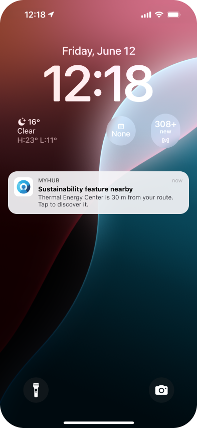 iPhone lock screen with MyHub sustainability notification