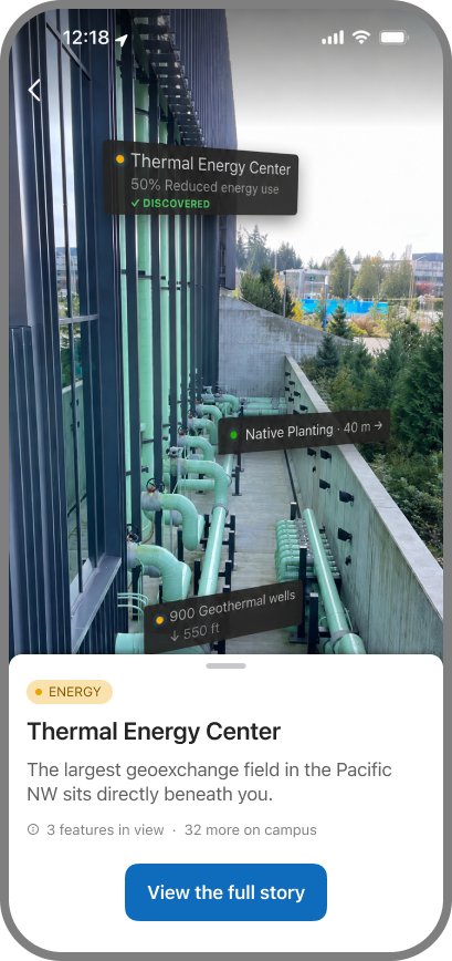AR Camera Overlay — carbon stories pinned to the real building