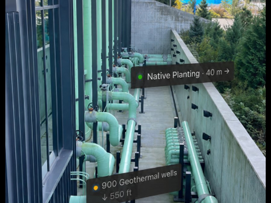 The AR camera view with sustainability stories pinned onto the real building