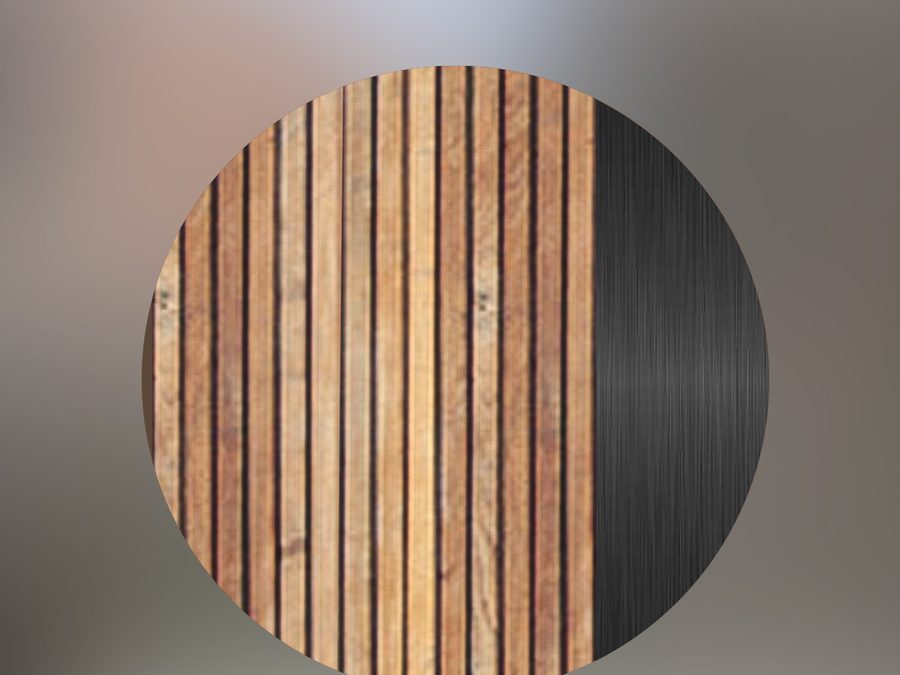 A round salvaged-wood medallion, the mark for furniture made from on-site timber
