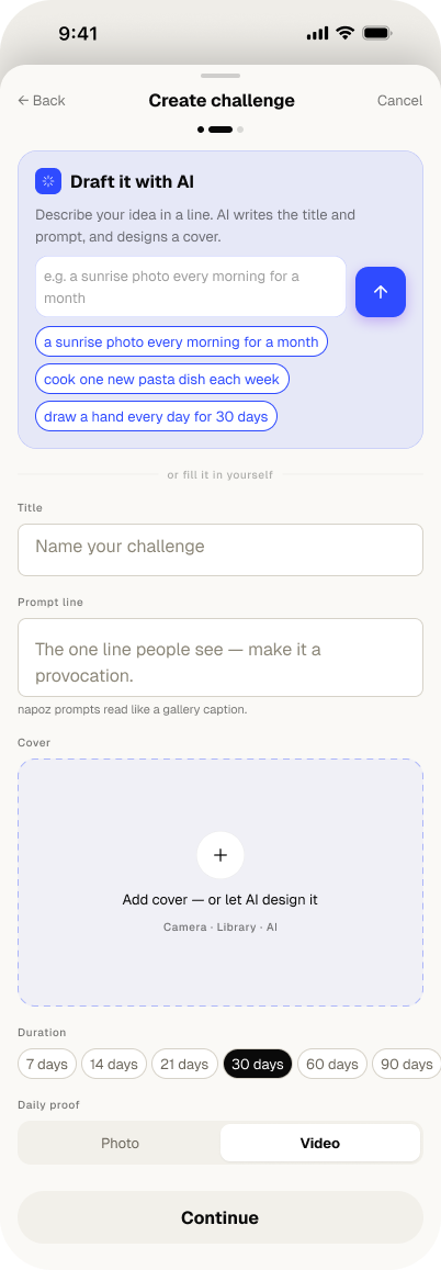 New create flow — Draft it with AI with a one-line prompt and example chips