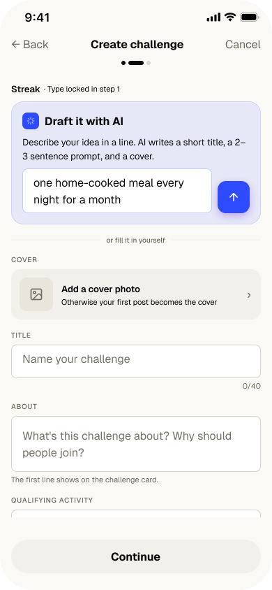 Second iteration — describing a streak challenge in one typed line
