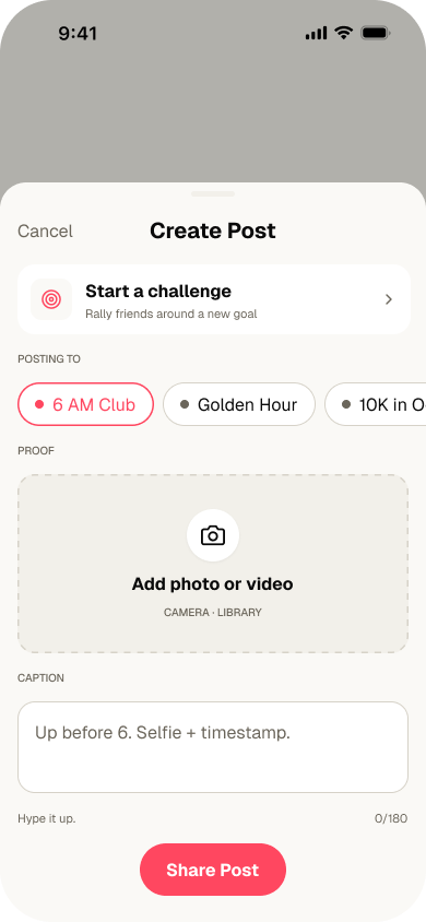Redesigned create flow — posting as proof toward a challenge