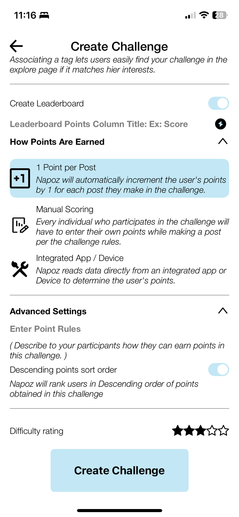 The old Create Challenge screen — leaderboard setup, points column title, three scoring modes, advanced point rules, sort order, and a difficulty rating