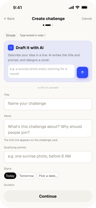 Create a challenge — draft it with AI from a one-line idea
