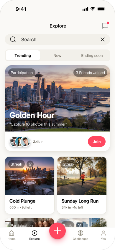Redesigned explore — featured challenge, Trending / New / Ending soon
