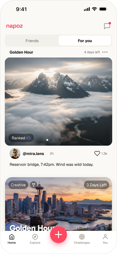 Redesigned Napoz home — Friends / For You tabs with distinct challenge cards