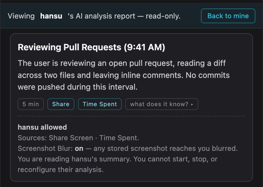 A teammate's worklog opened read-only — the summary is legible and a line reads Screenshot Blur: on