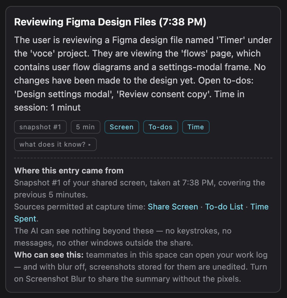 One worklog entry expanded — source chips, then a panel naming the snapshot, the sources permitted at capture time, and who can see it