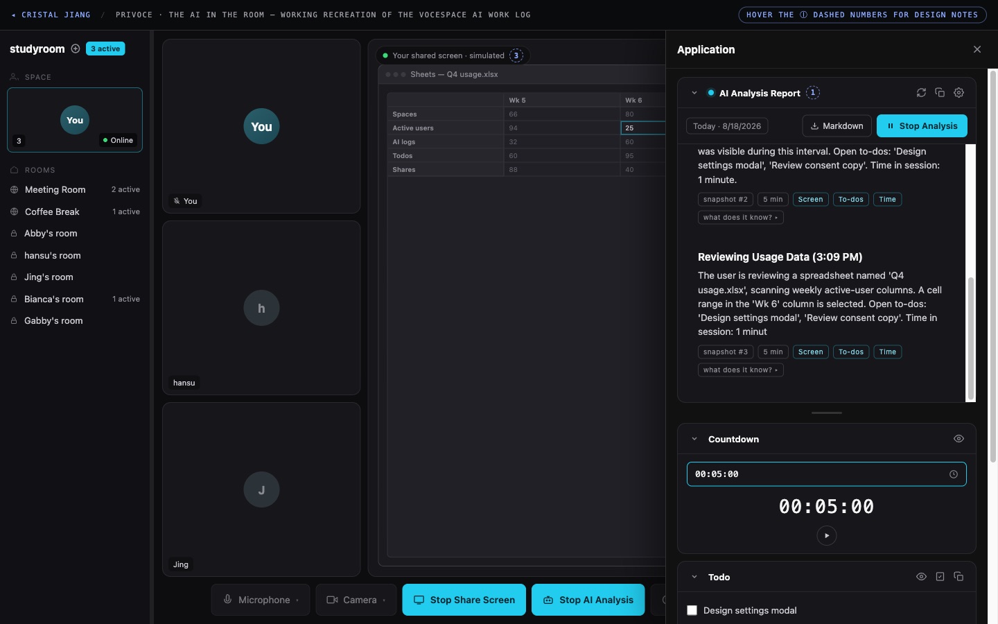 The AI Analysis demo mid-run — work-log entries generating beside the shared screen